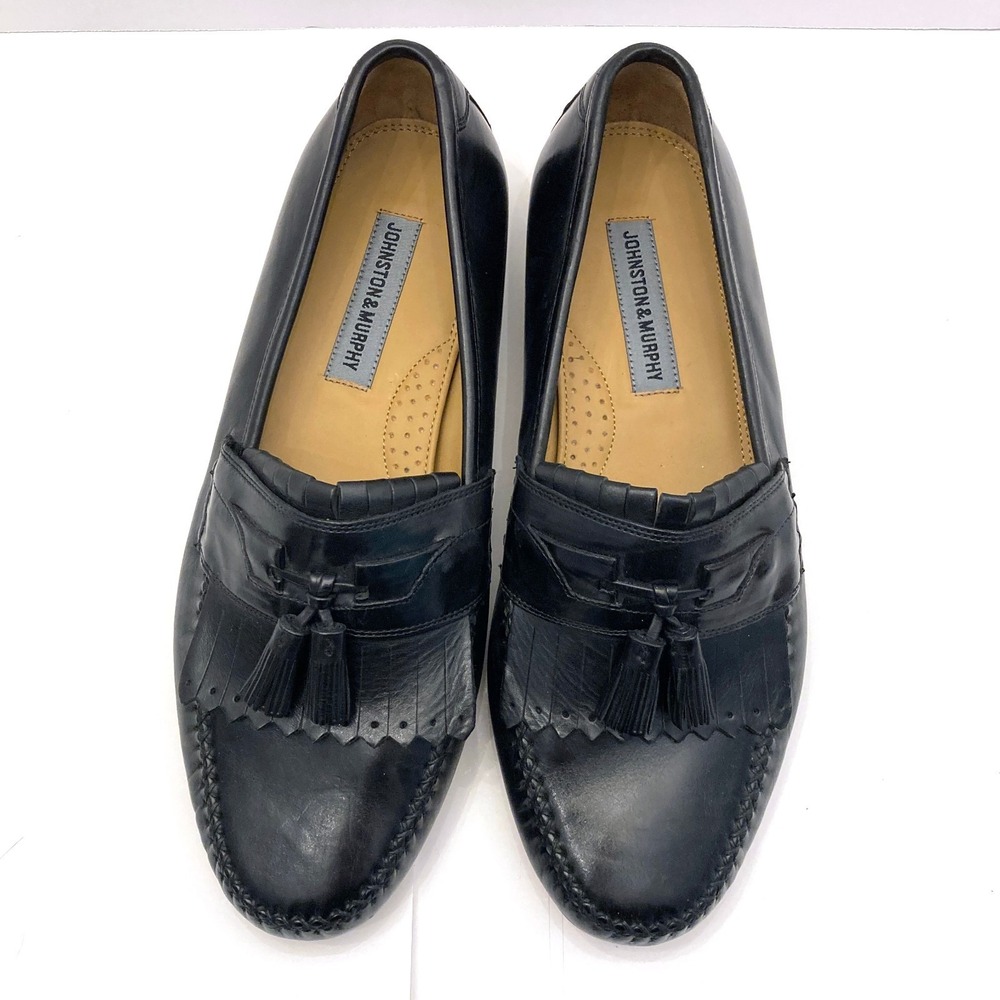 JOHNSTON & MURPHY Black Leather‎ Tassel Kiltie Loafers Mens 10 WIDE Shoes New